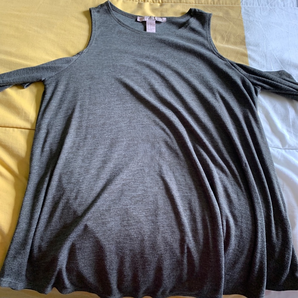 Army green cut out shoulder long sleeve shirt.